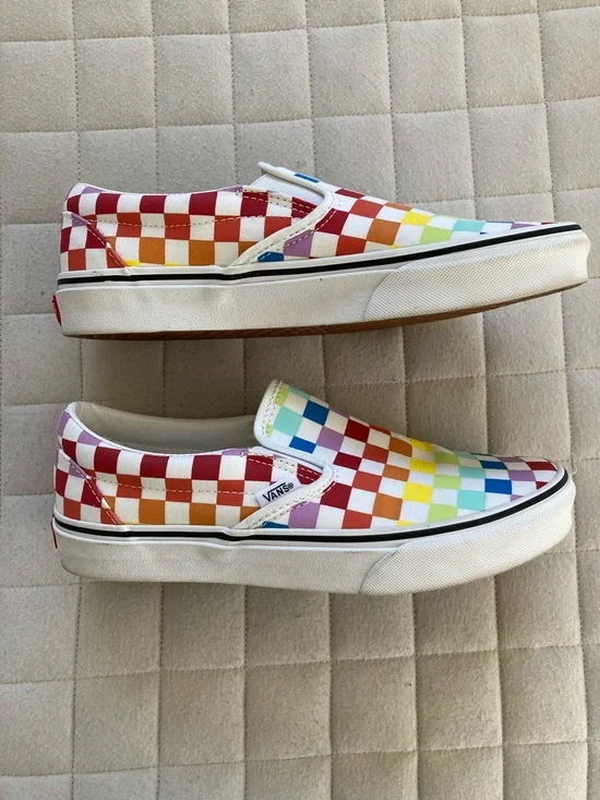 Vans Women’s Slip-On Multicolor Rainbow Checkerboard Sneakers - Picture 6 of 7